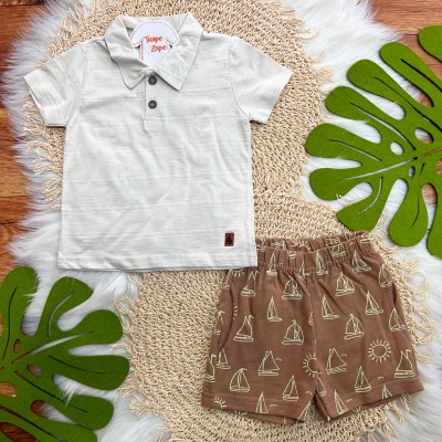Conj. Camiseta Gola Polo e Bermuda Barquinhos - Areia e Marrom
